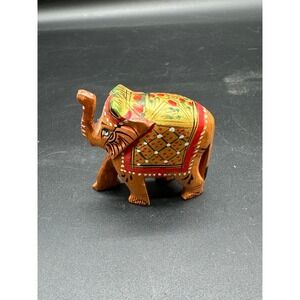 Vintage‎ Hand Carved Painted Wood Elephant Figurine Indian Folk Art Trunk Up